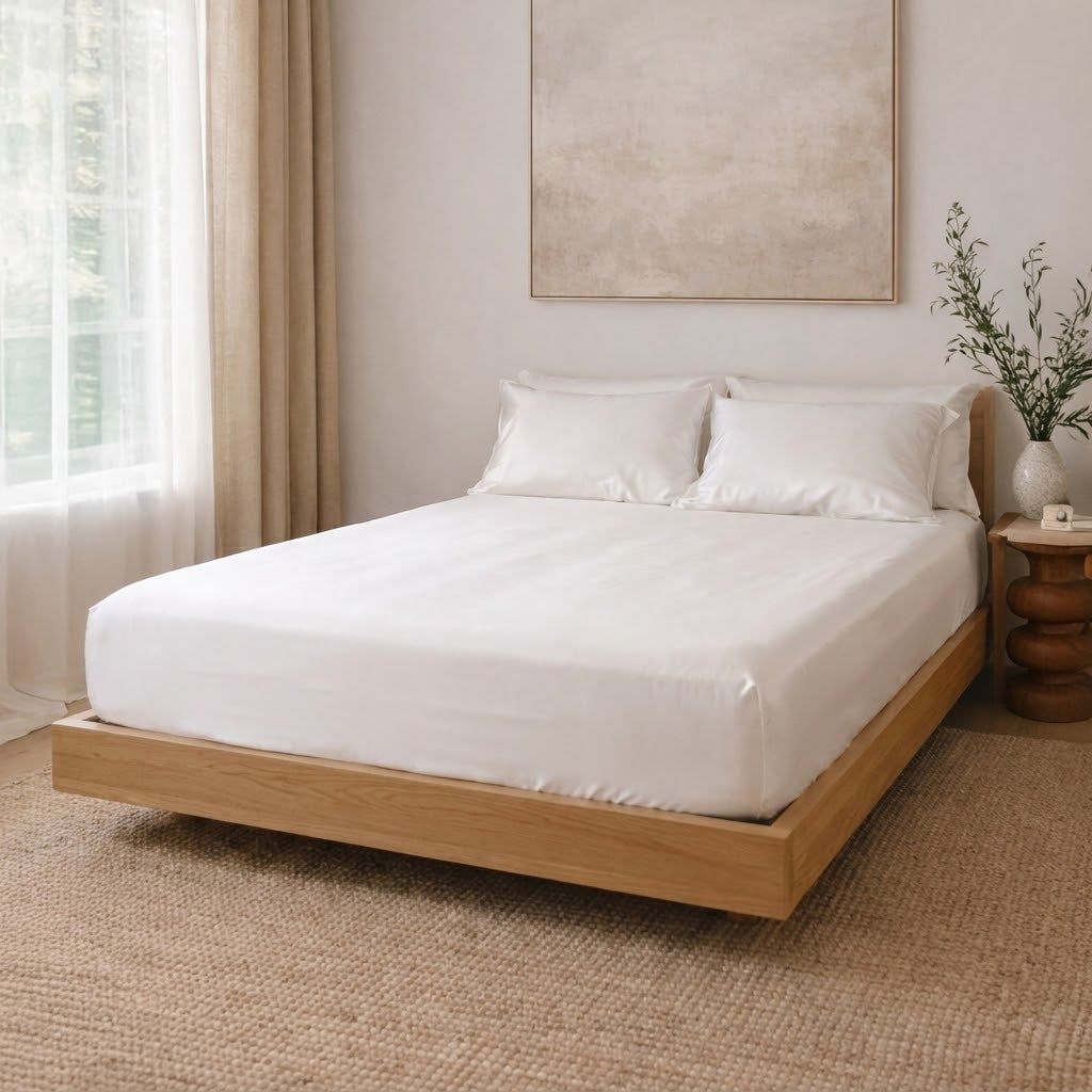 Cama vestida con sábana bajera de Tencel blanca NIDORM