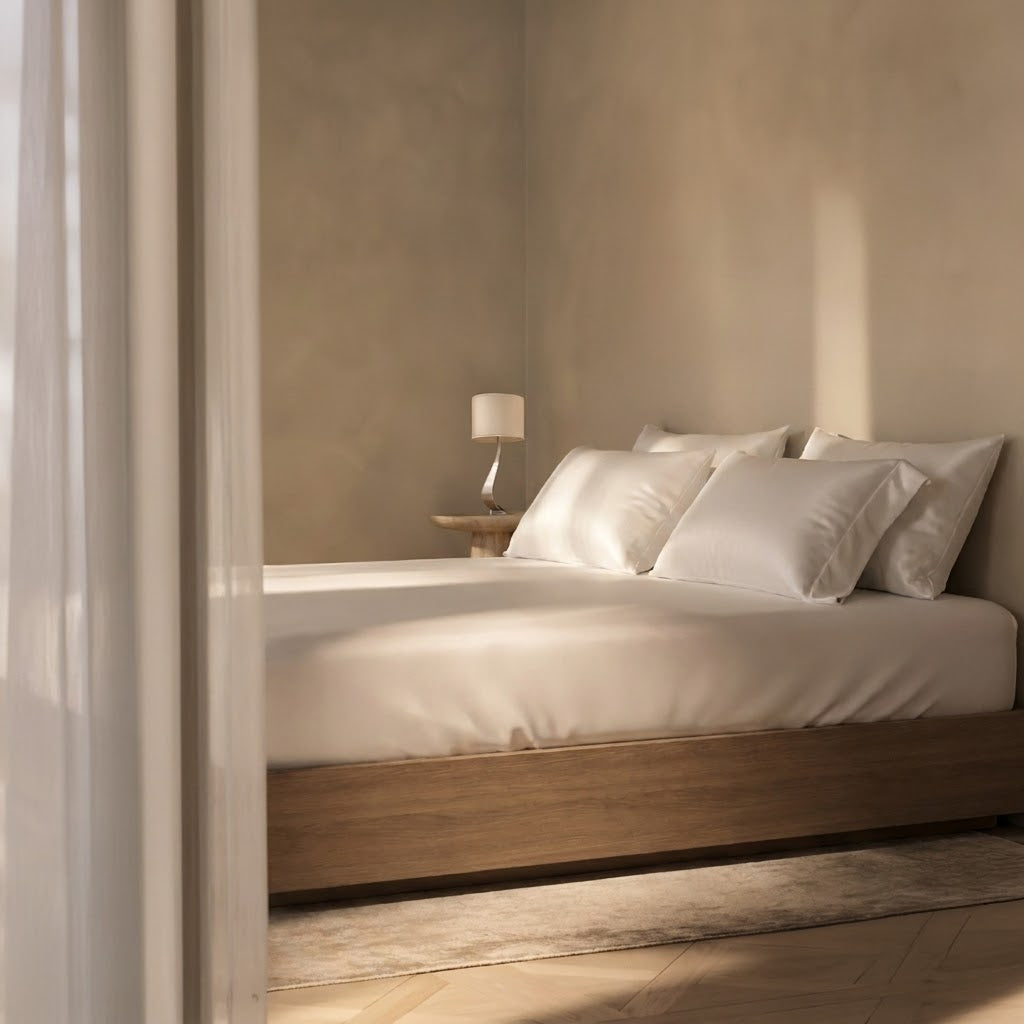 Dormitorio con bajera de Tencel blanca y almohadas